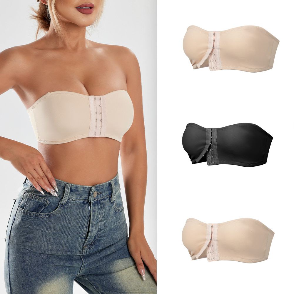 3 Pack Strapless Front Hook Bra Wireless Anti Slip Removable Pads Bandeau Bra