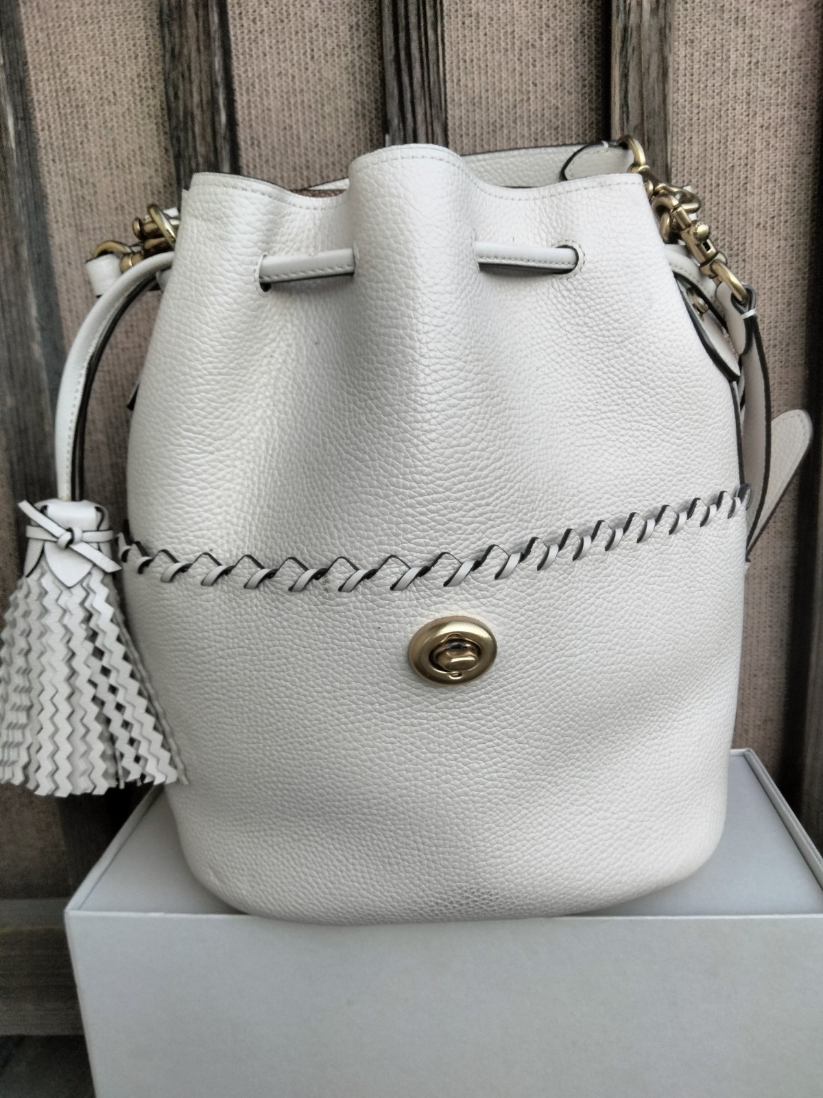COACH Lora Bucket Bag With Whipstitch Detail Pebbled Leather 651 Chalk/Ivory