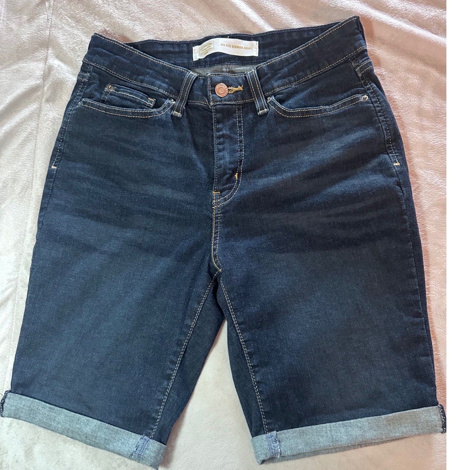 Signature by Levi Strauss Mid Rise Bermuda Shorts Dark Wash Denim Cuffed Size 6