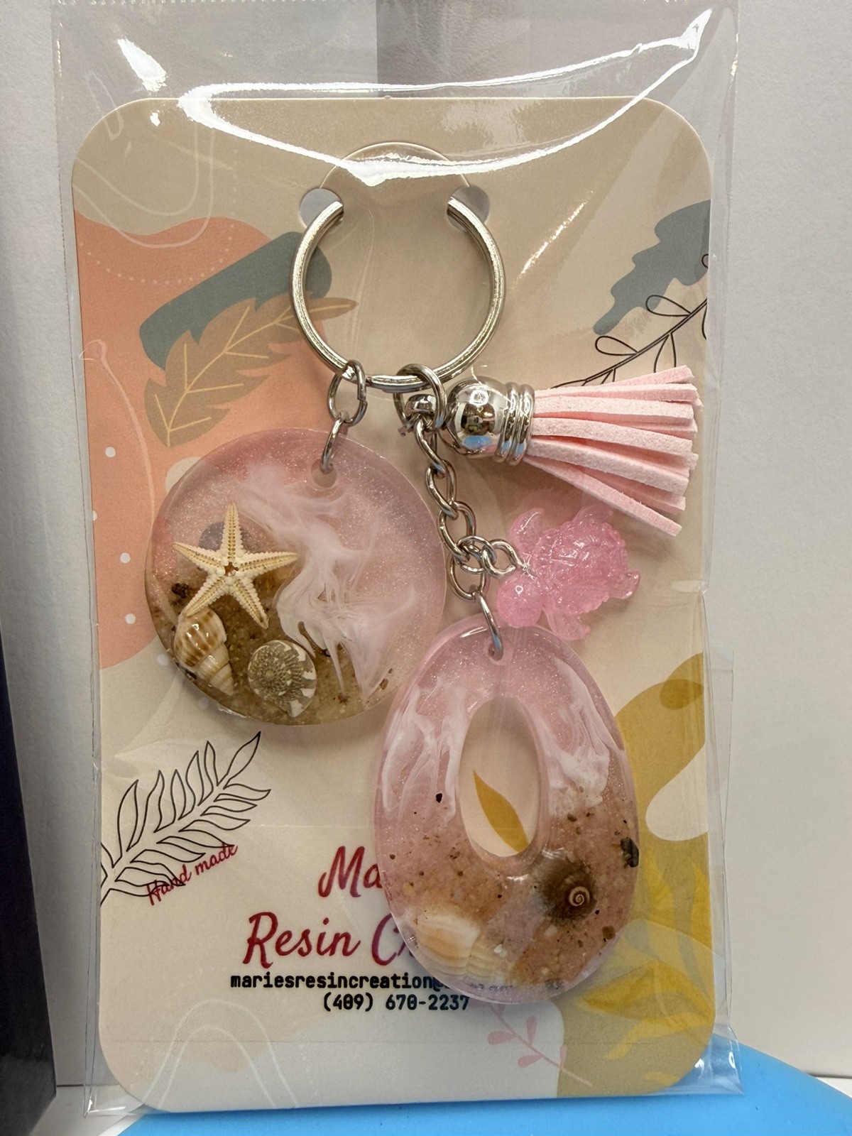 Custom made keychain Beach Theme Baby Pink Resin Keychain.