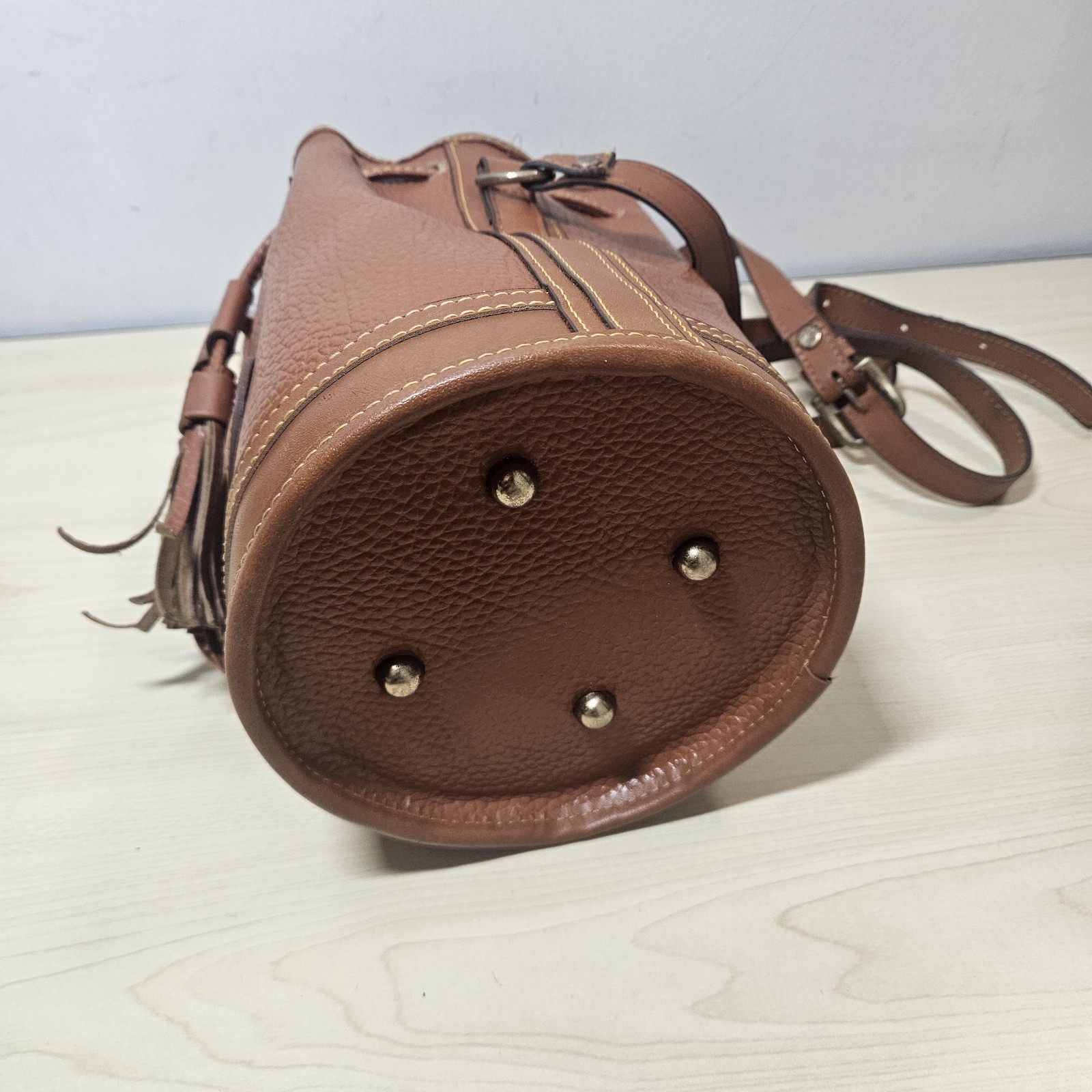 Vintage Dooney Bourke Drawstring Bucket Bag Brown All Weather Leather AWL