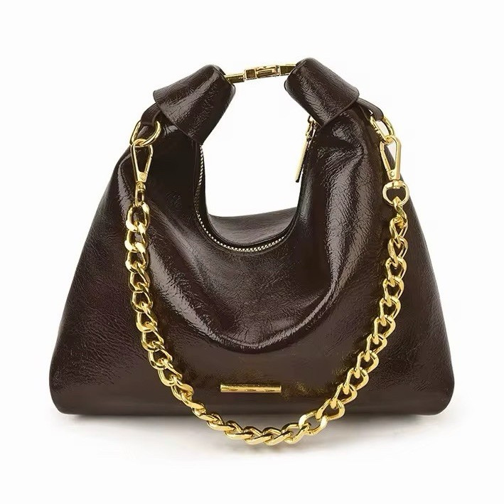 Women’s Brown Small Solid Shoulder Bag Zip Closure Gold Hardware Chain Strap