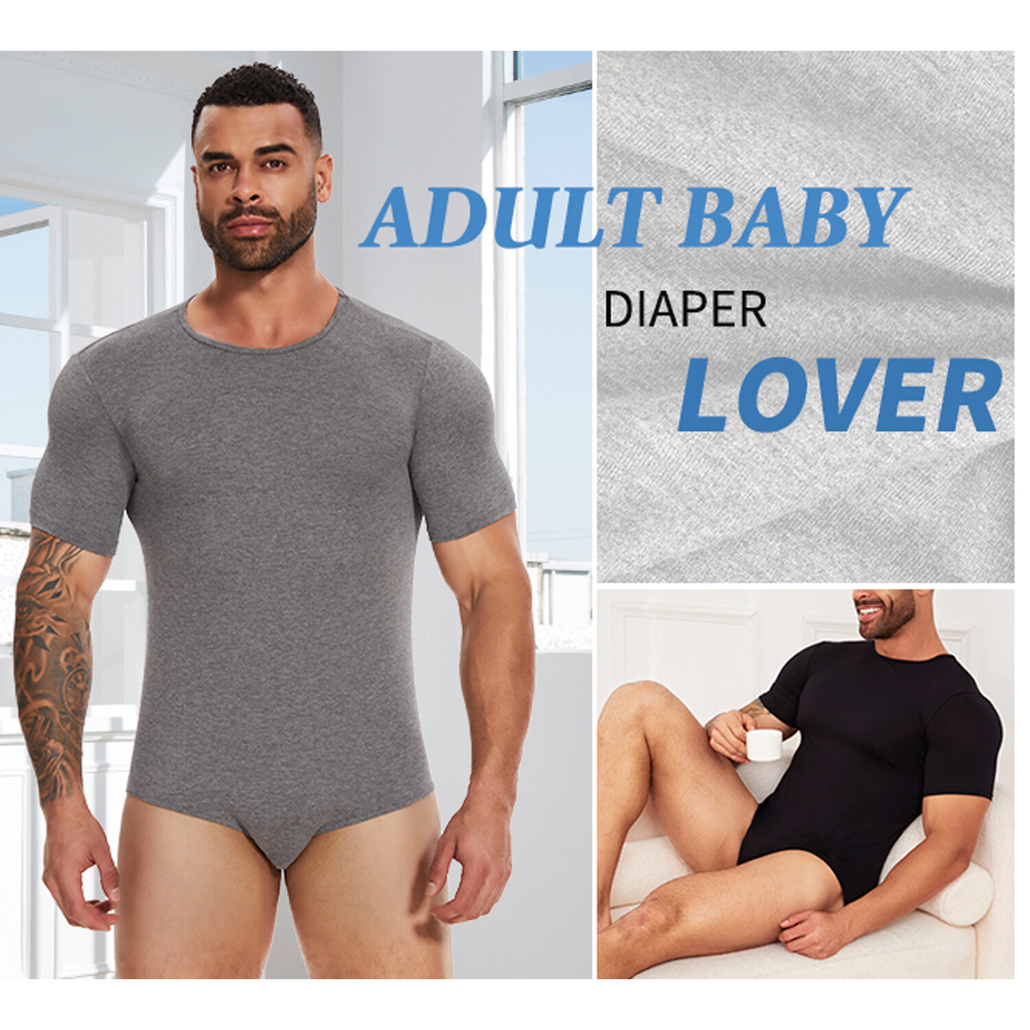 Men’s Short Sleeve Press Button Crotch Pajamas Shirt Bodysuit Diaper Undershirt