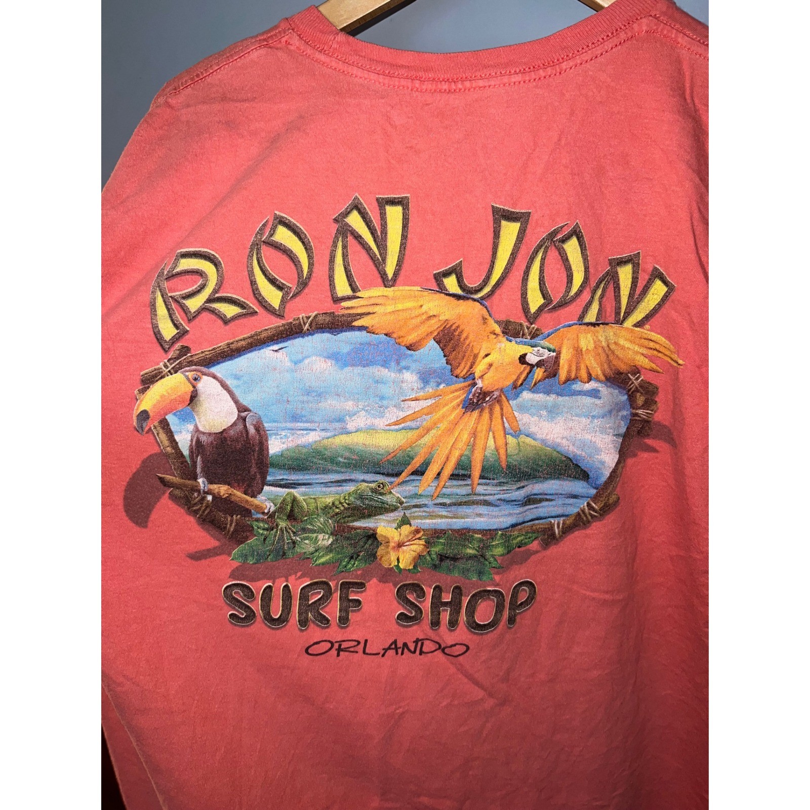 Ron Jon Surf Shop Orlando Graphic T-Shirt Coral Orange Tropical Birds Mens L