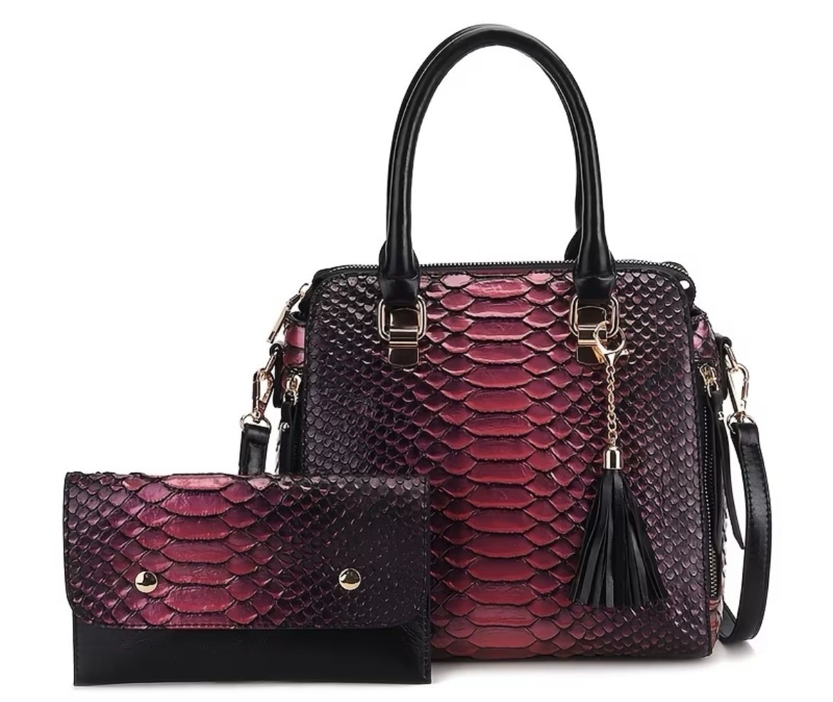 Snake Embossed Brown Satchel Top Handle Bag Zip, Tassel, Detachable Strap
