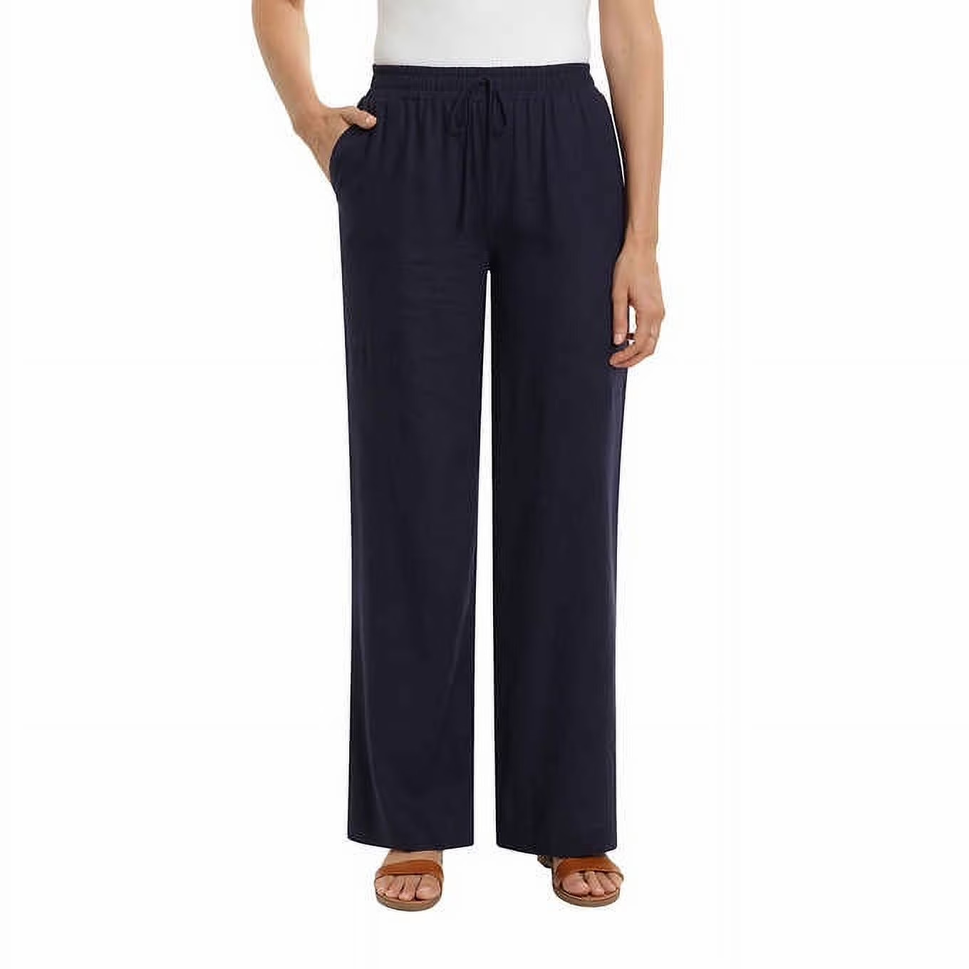 Briggs Women’s Linen Blend Pull-On Pant Wide Relaxed Leg, Navy, Size: XL, New