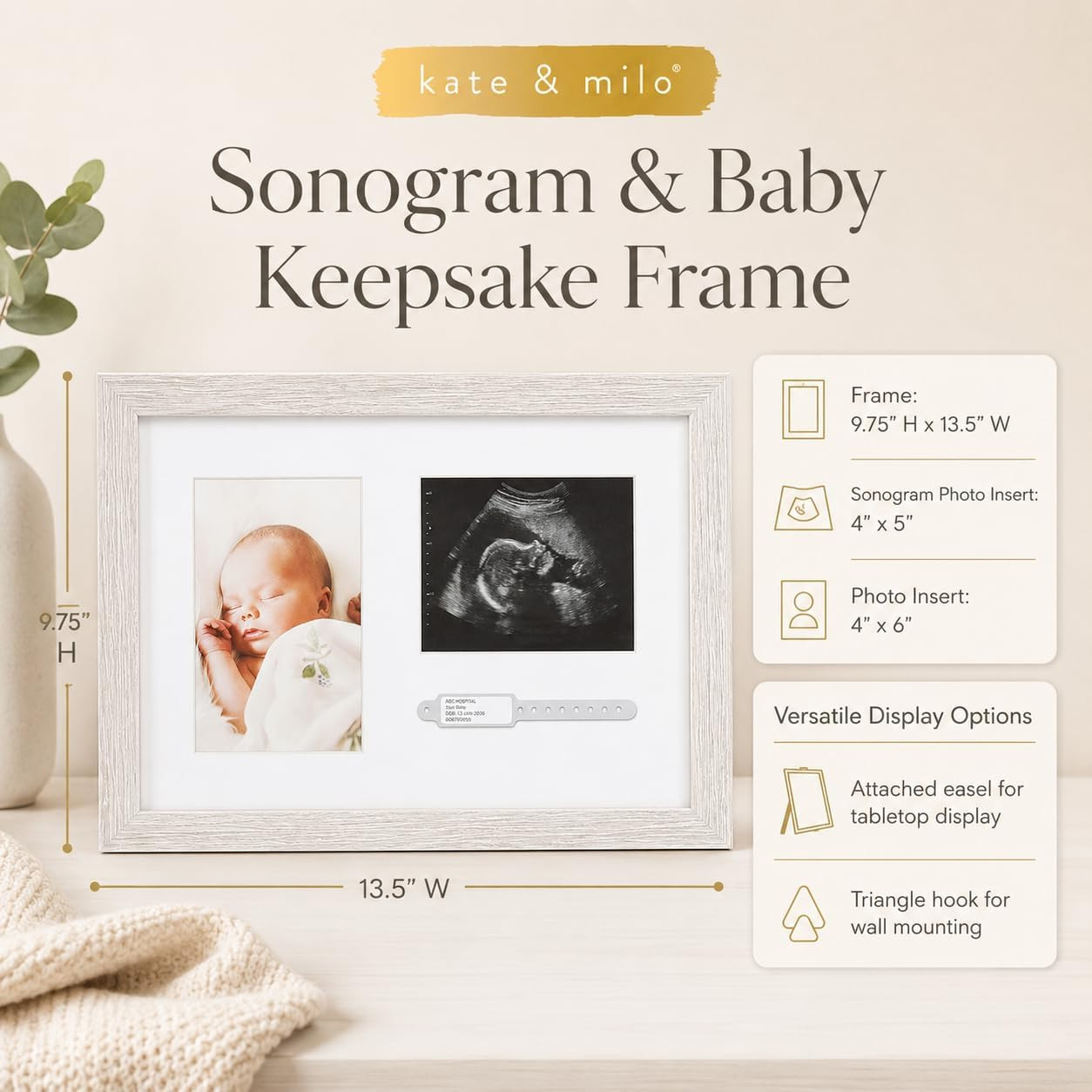 Rustic Baby Keepsake Frame with Sonogram, Photo and Hospital ID Bracelet Display