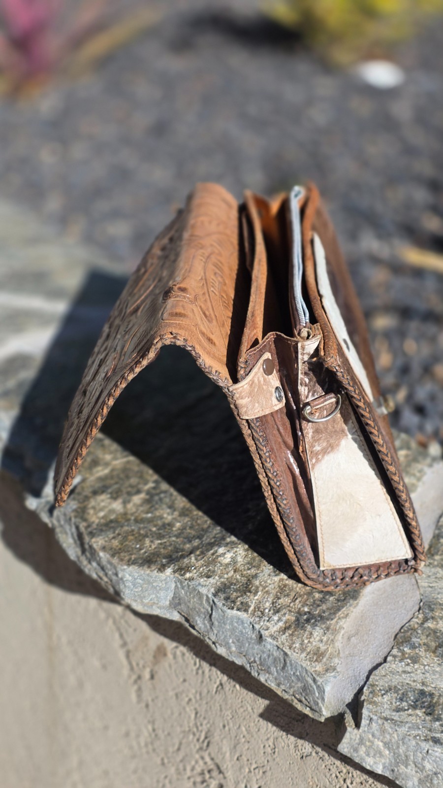 Vintage Reversible brown/white Cowhide & Tooled Leather Western Purse