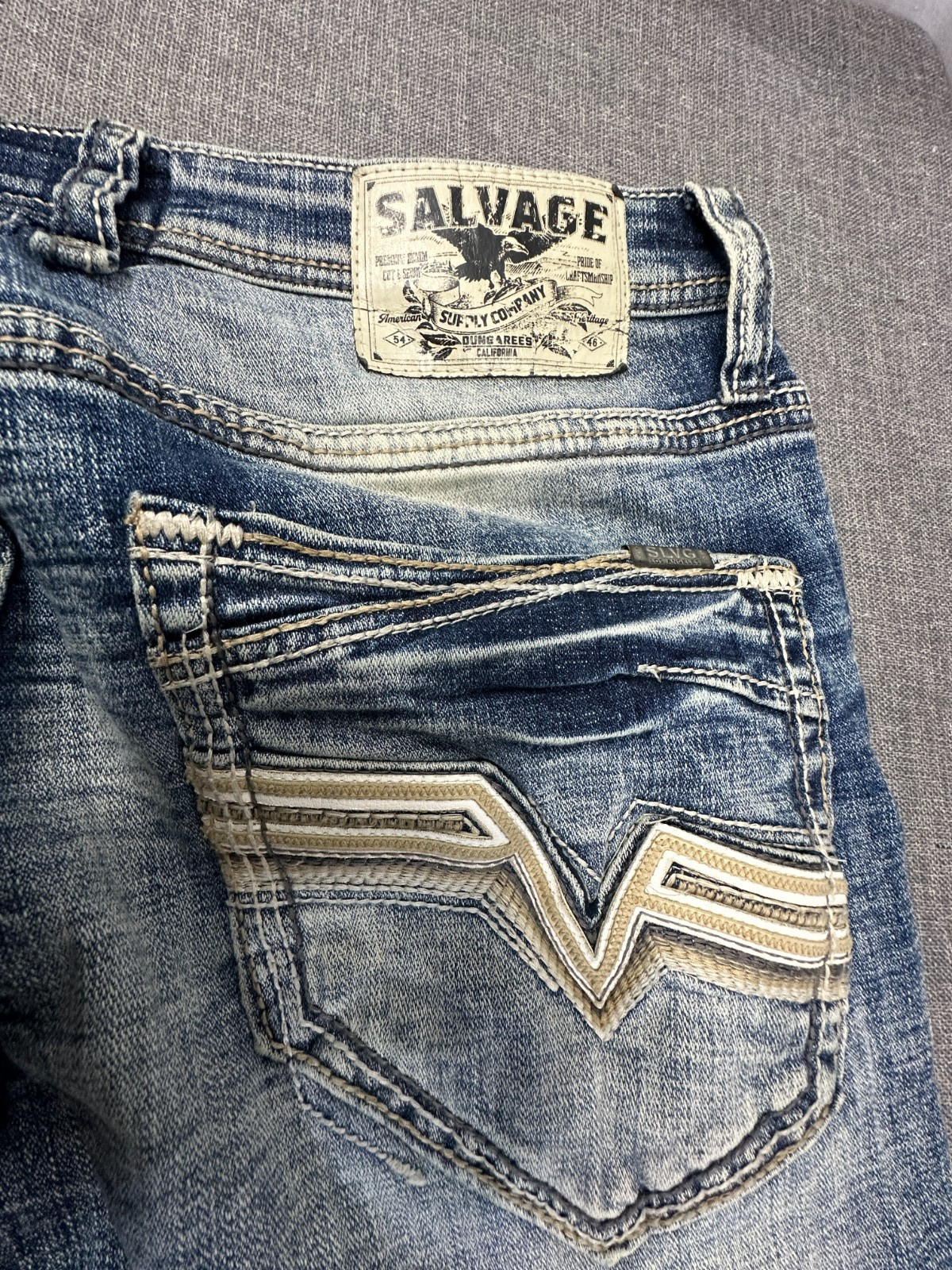 Salvage Supply Havoc Straight Slim Fit Jeans Mens 34×30 Blue Distressed Buckle