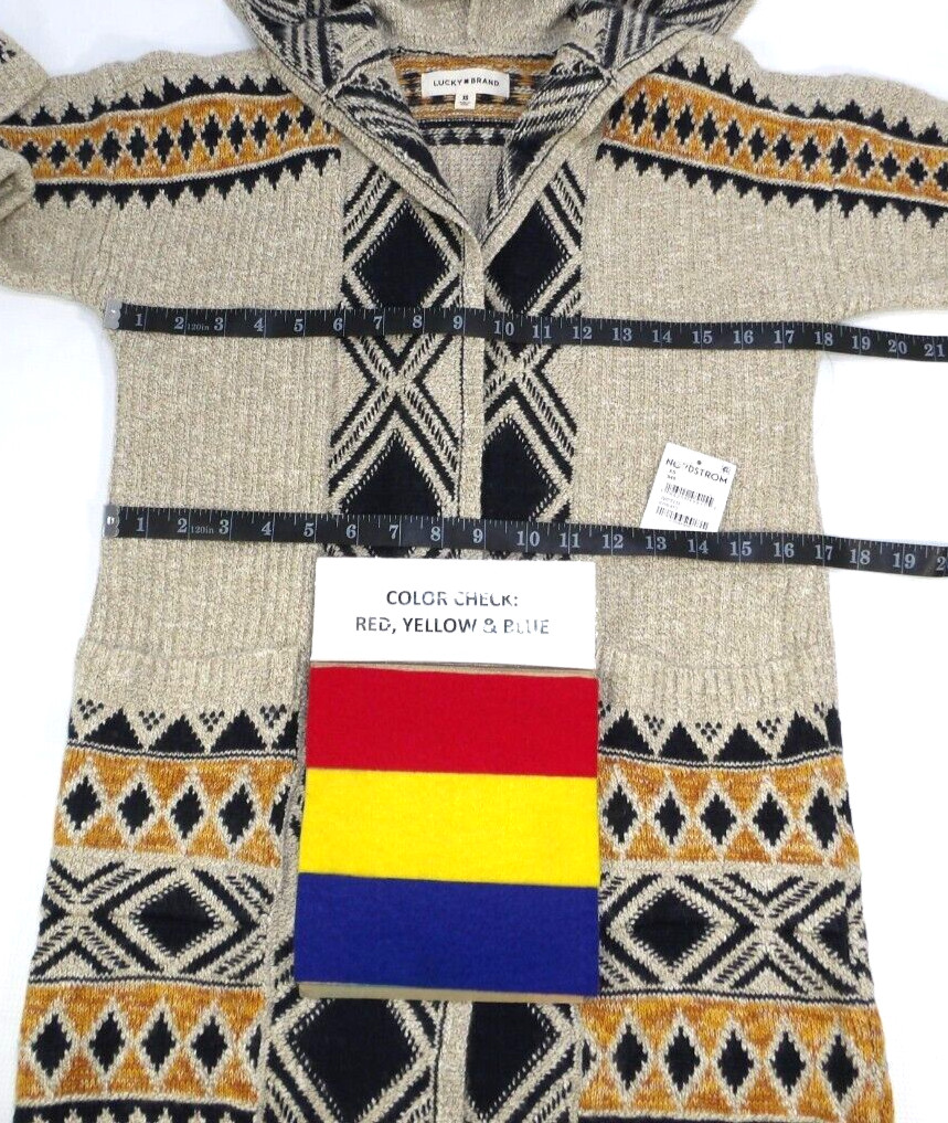 LUCKY BRAND tan, black & orange knit open front sweater women’s size XS, NEW