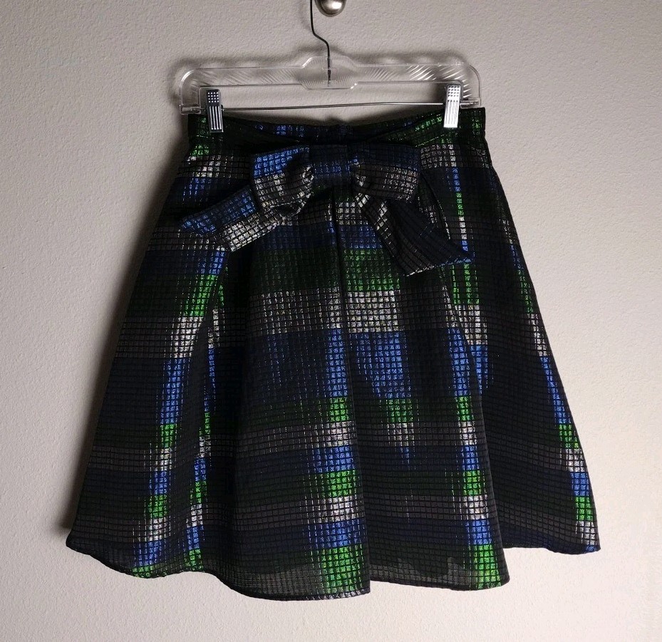 Eva Franco by Anthropologie Blue Green Silver Black Pleated Retro A-Line Skirt 8