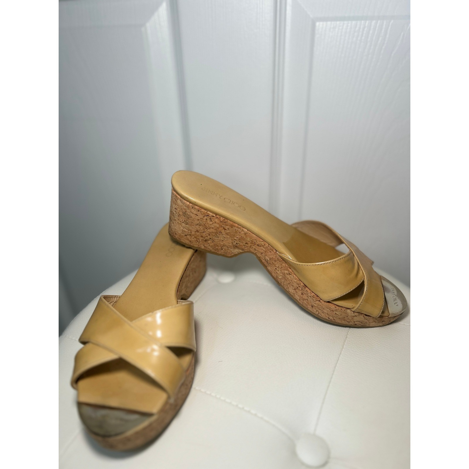 Jimmy Choo Wedge Sandals Slide 7 Tan Patent Leather Cork Heel Logo Toe Plate