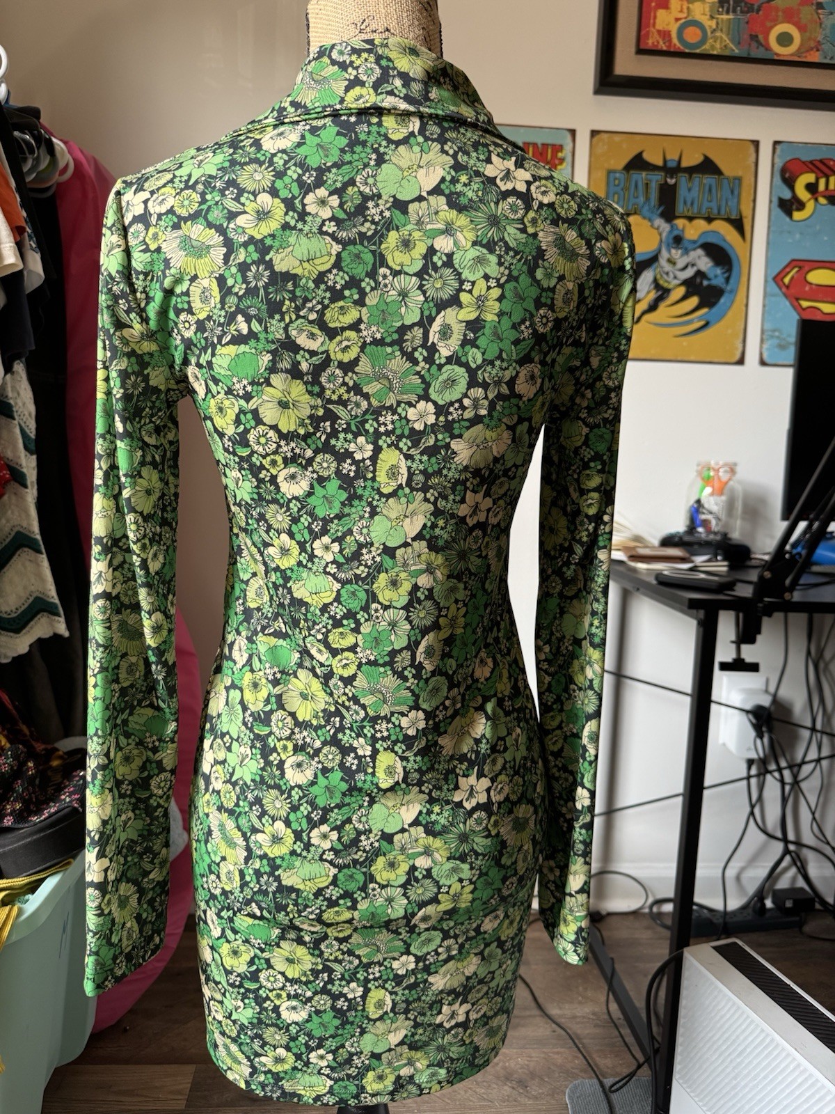 Zara Womens Small Green Floral Mini Dress Long Sleeve Collared Button Front