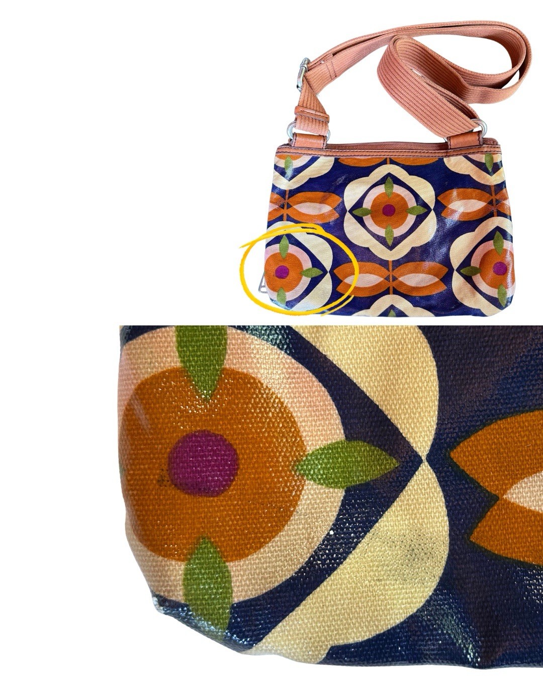 Fossil Key-Per Crossbody Bag Coated Canvas Navy Orange Floral Print Leather Trim