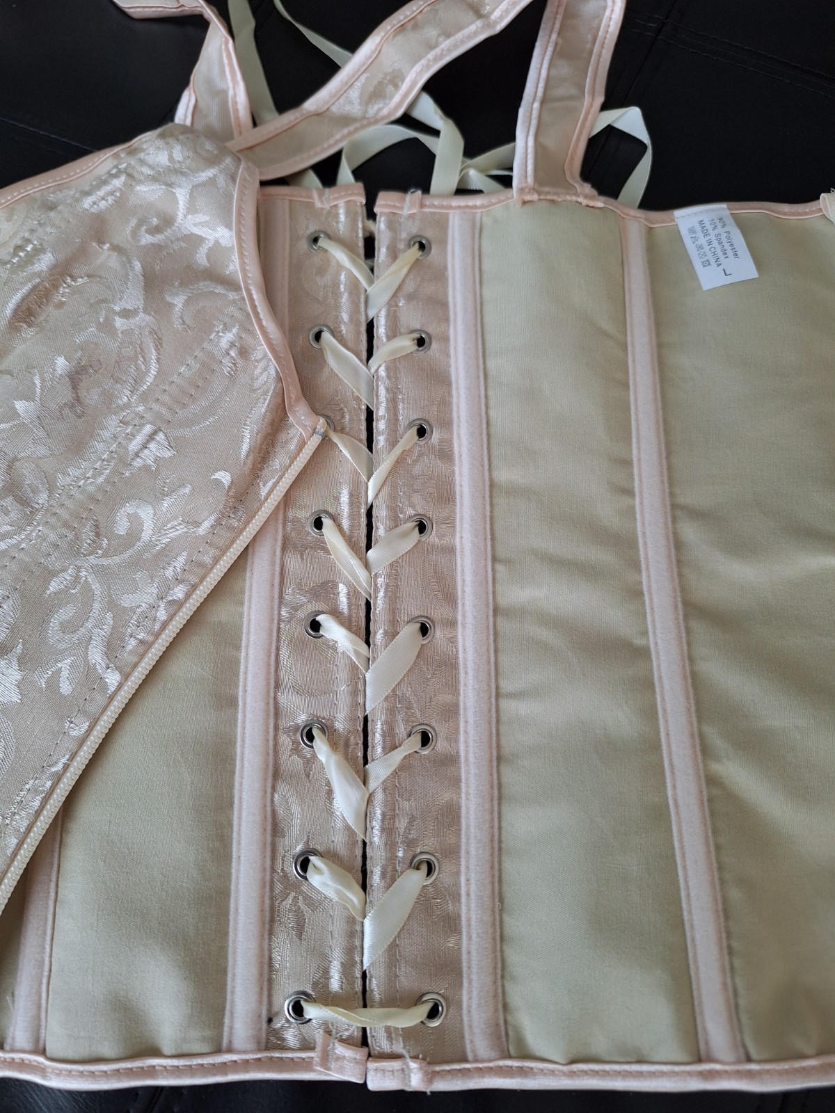 NEW Beige Satin Jacquard Strap Bustier Ribbon Lace up & Zipper Closure Corset L