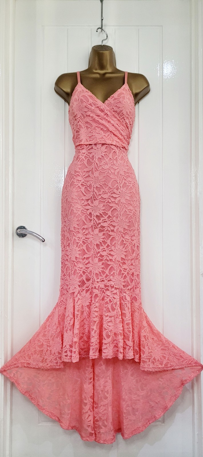 Quiz size UK 12 Coral floral lace fishtail stretch maxi dress ball occasion NEW
