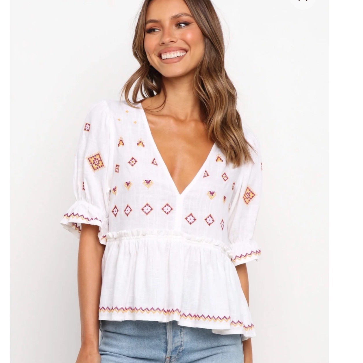 Petal & Pup Dawston Top White Embroidered V-Neck Boho Linen Blend Peplum Blouse