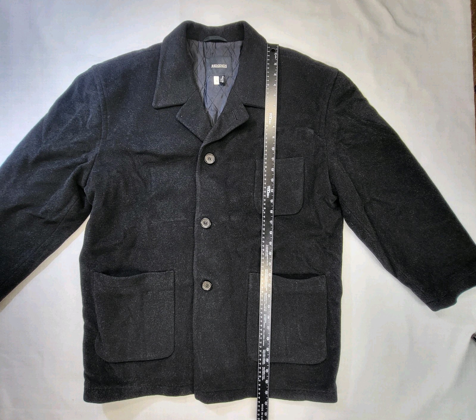 J. Riggings Jacket Men’s L Black Peacoat Wool Blend Chore Buttons Pockets Vtg