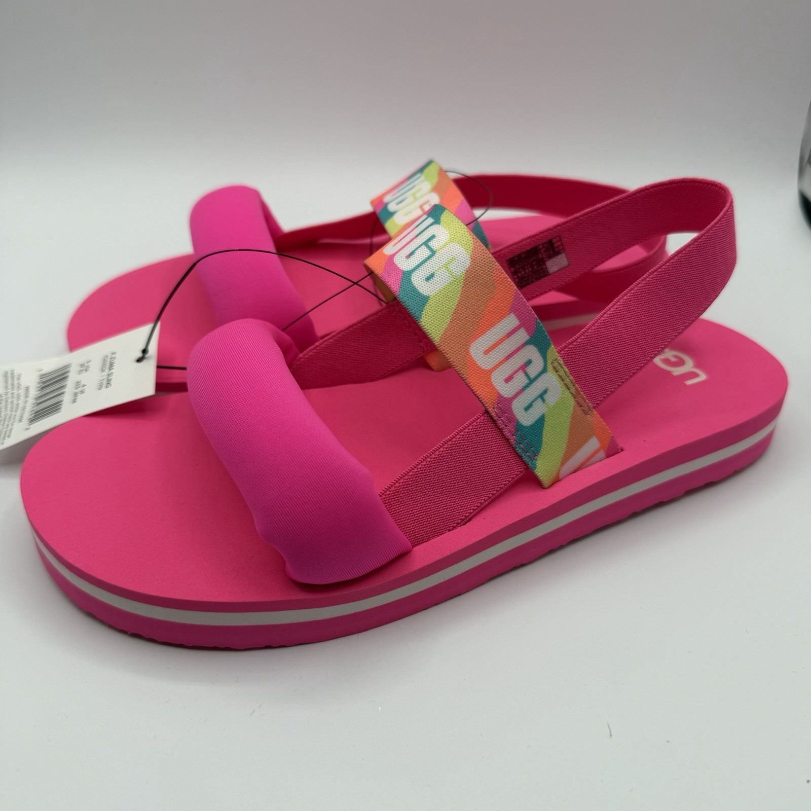 UGG Zuma Sling Sandals Neon Pink Rainbow Logo Strap Kids 5 Womens 7 NWT