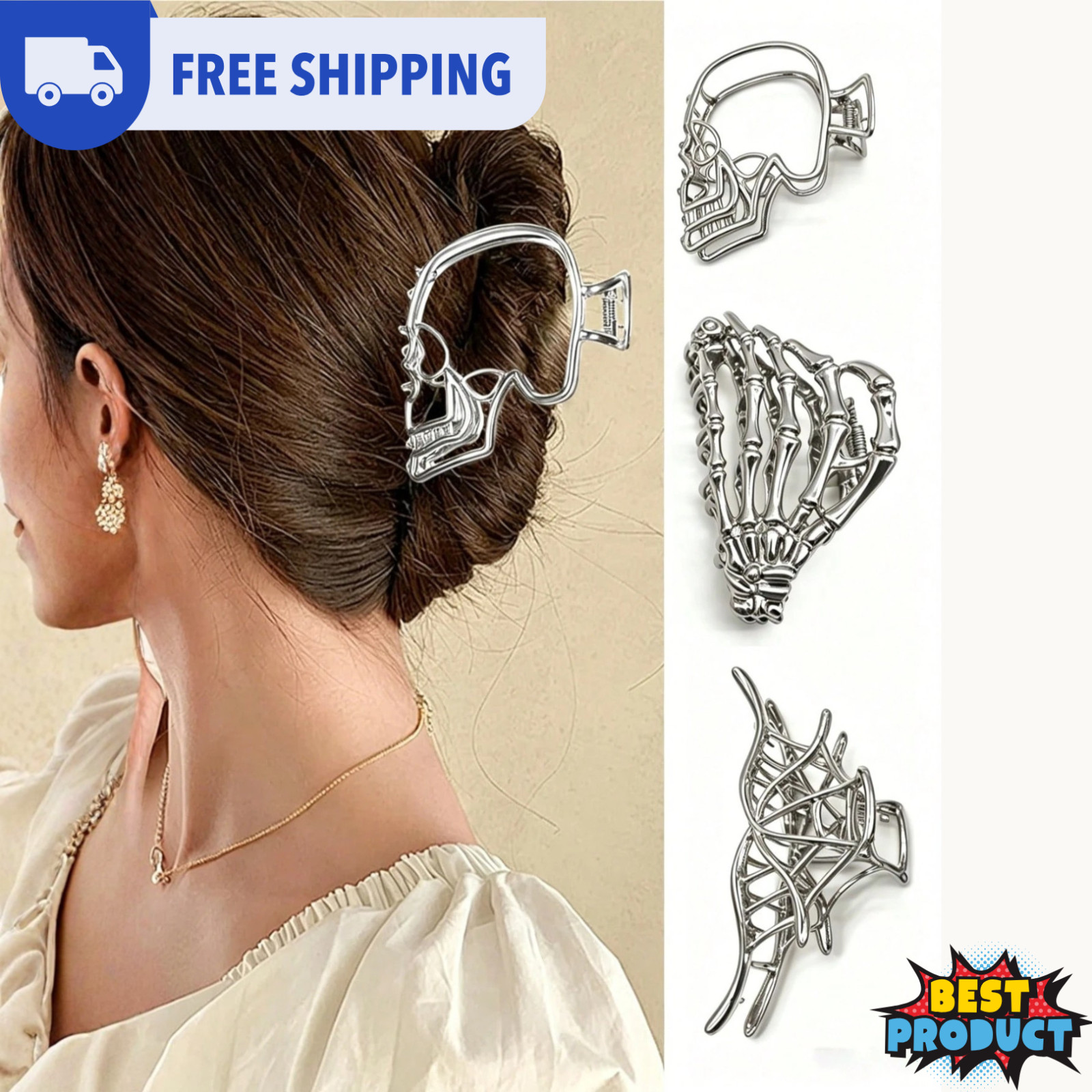 3pcs Metal Gothic Hair Clips Skeleton Hand Skull Spider Halloween Claw Clips US
