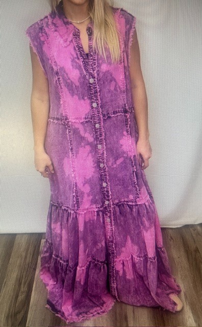 A Rare Bird Magenta Pink Tie Dye Button Down Ruffle Hem Sleeveless Maxi DressNWT