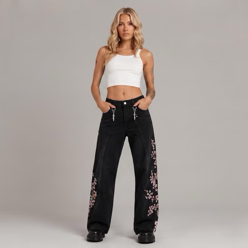 Women’s Black Denim Wide-Leg Jeans XS Floral Embroidered 5-Pocket Button