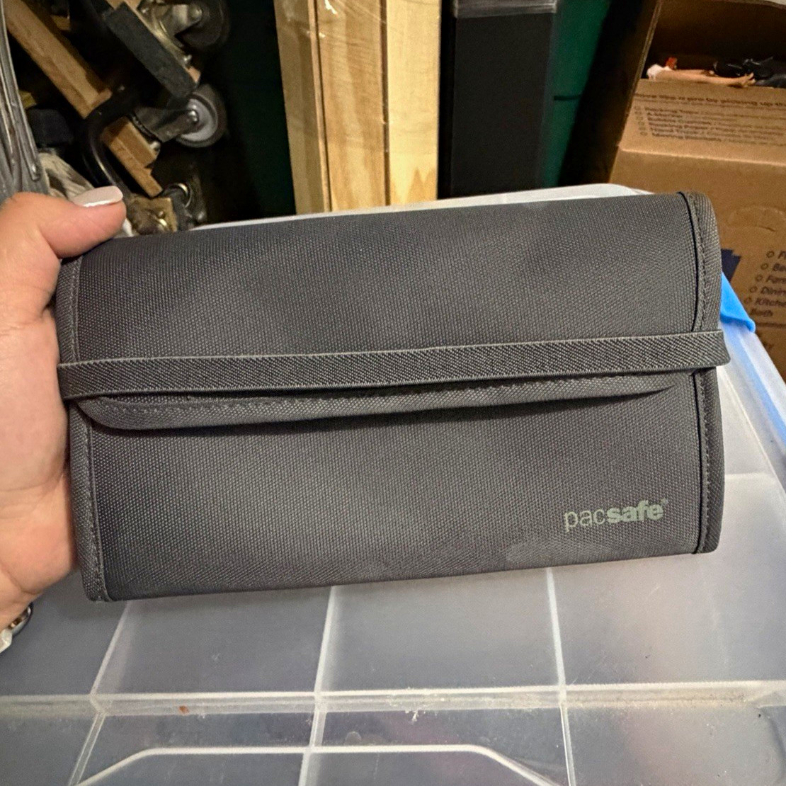 Pacsafe Women’s Gray Wallet with Orange Interior, Solid, Snap Closure Logo
