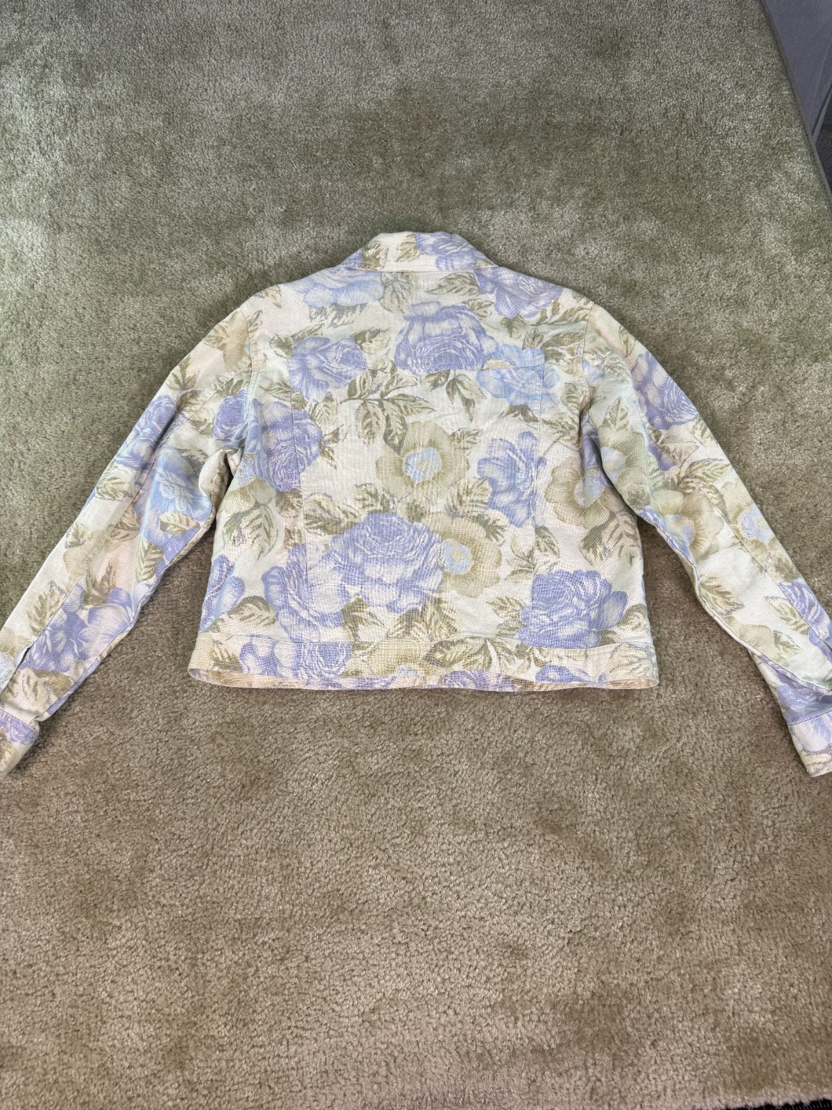 Bill Blass Jean Jacket Size PM Medium Linen Blend Floral Print Pastel Blue D488