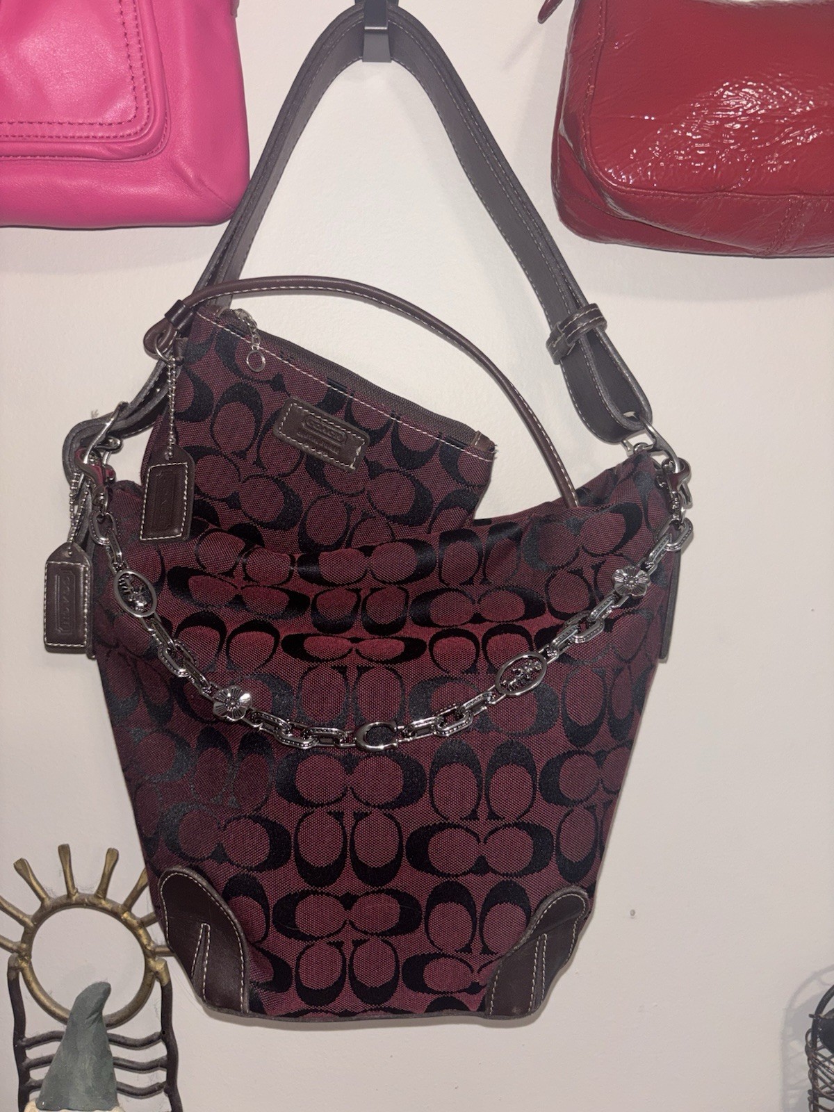 Coach Signature C Burgundy/Deep Brown Shoulder Bag Zip Detachable wallet set