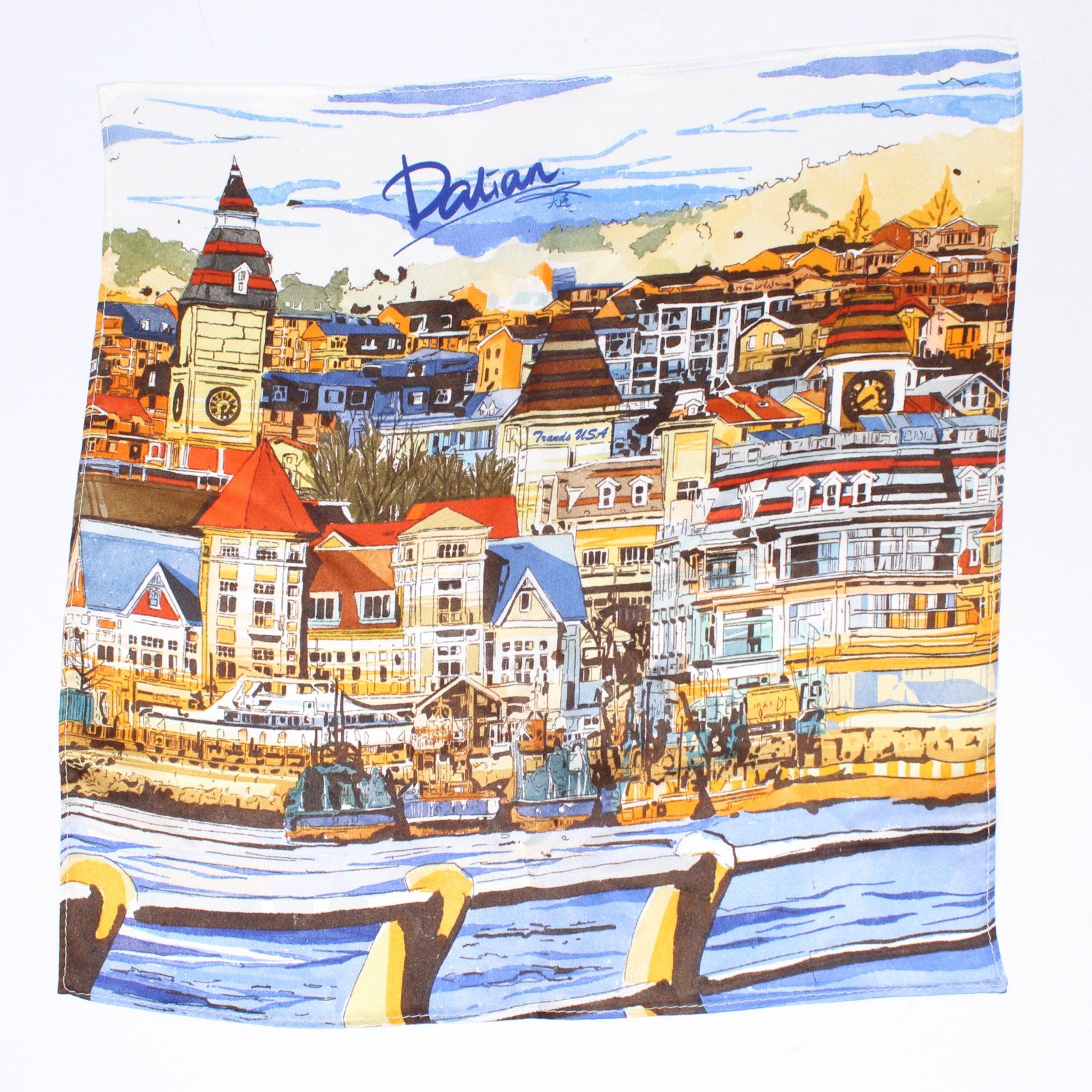 Trands USA Silk Pocket Square Mens Dalian Scenic Print 12.75”