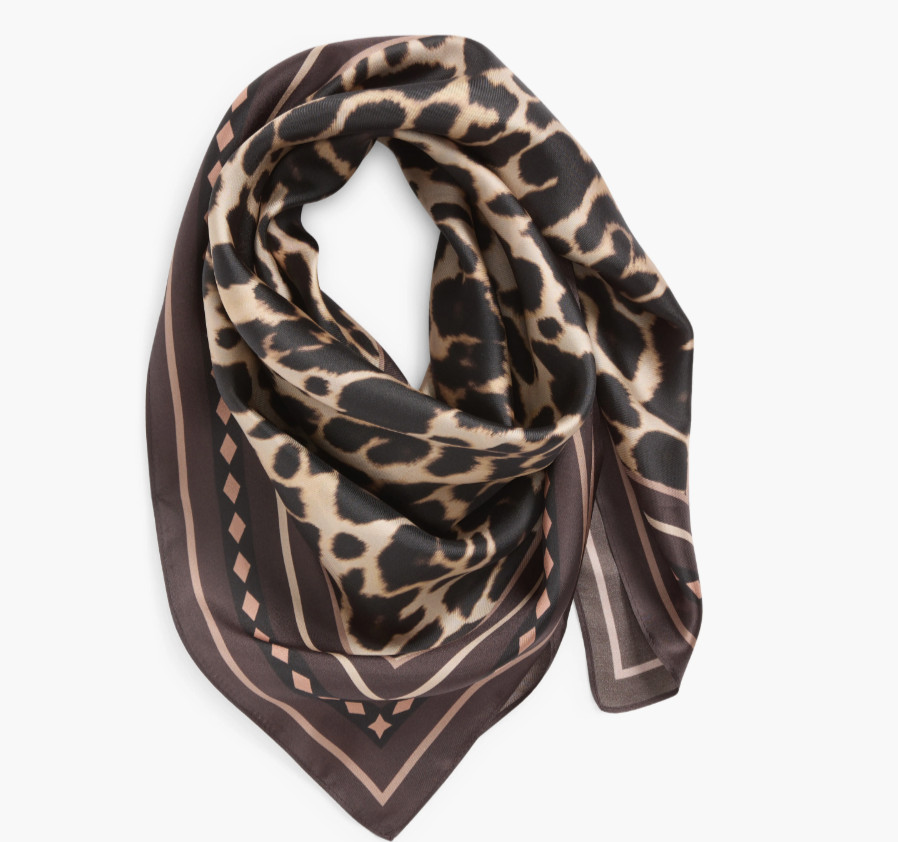 NEW, Nordstrom Leopard Print Square Silk Scarf in Brown One Size #SC85