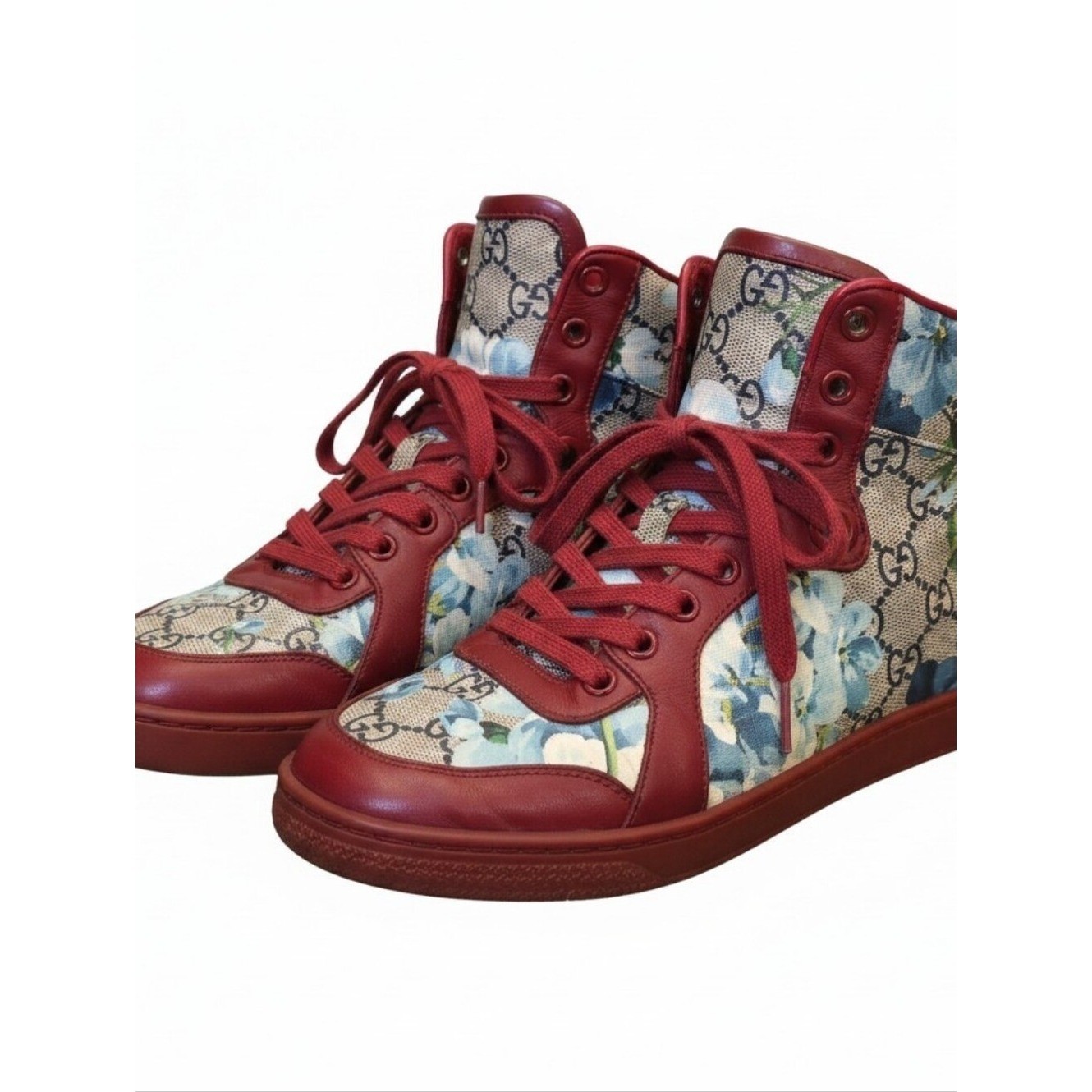 Gucci GG Blooms Floral High Top Sneakers Red Leather Canvas Shoes Size 37