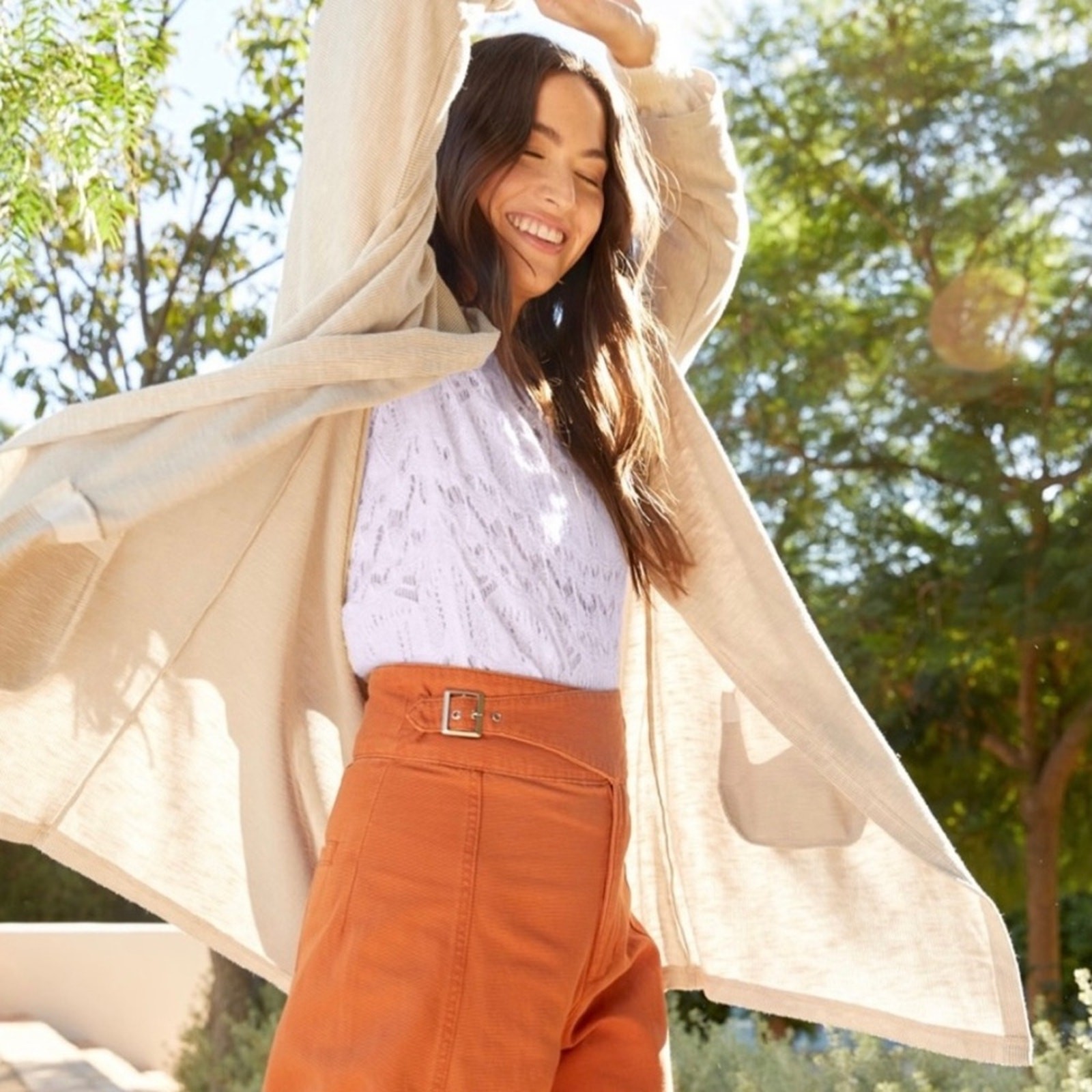 DONNI. Ribbed Lightweight Sweater Cardigan Jacket Coat in Sandwash OSFA