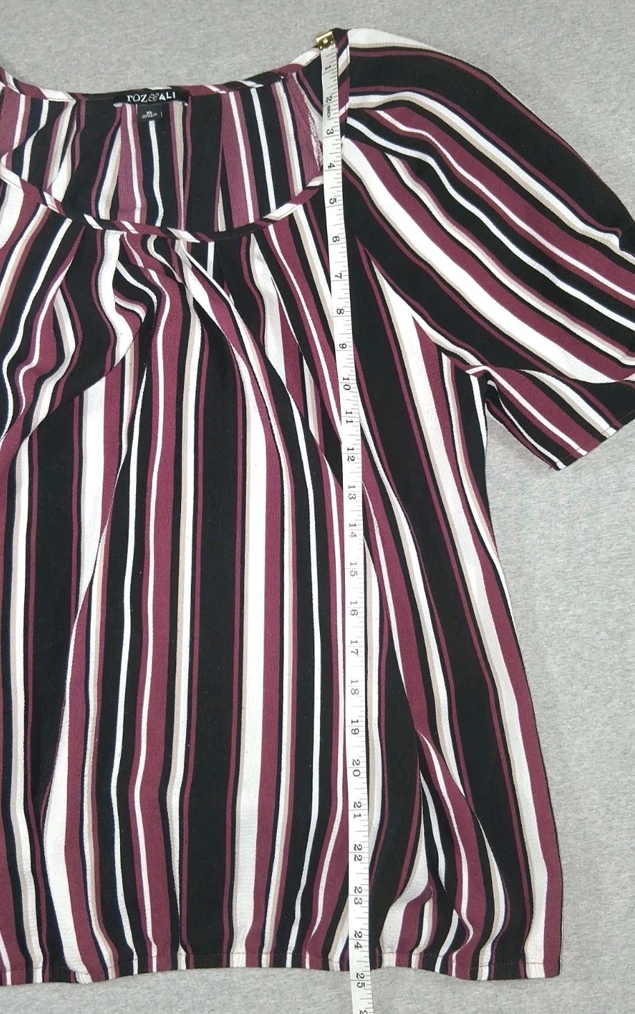 Roz & Ali Black Purple Striped Lightweight Blouse Womens XL Top Short Sleeve