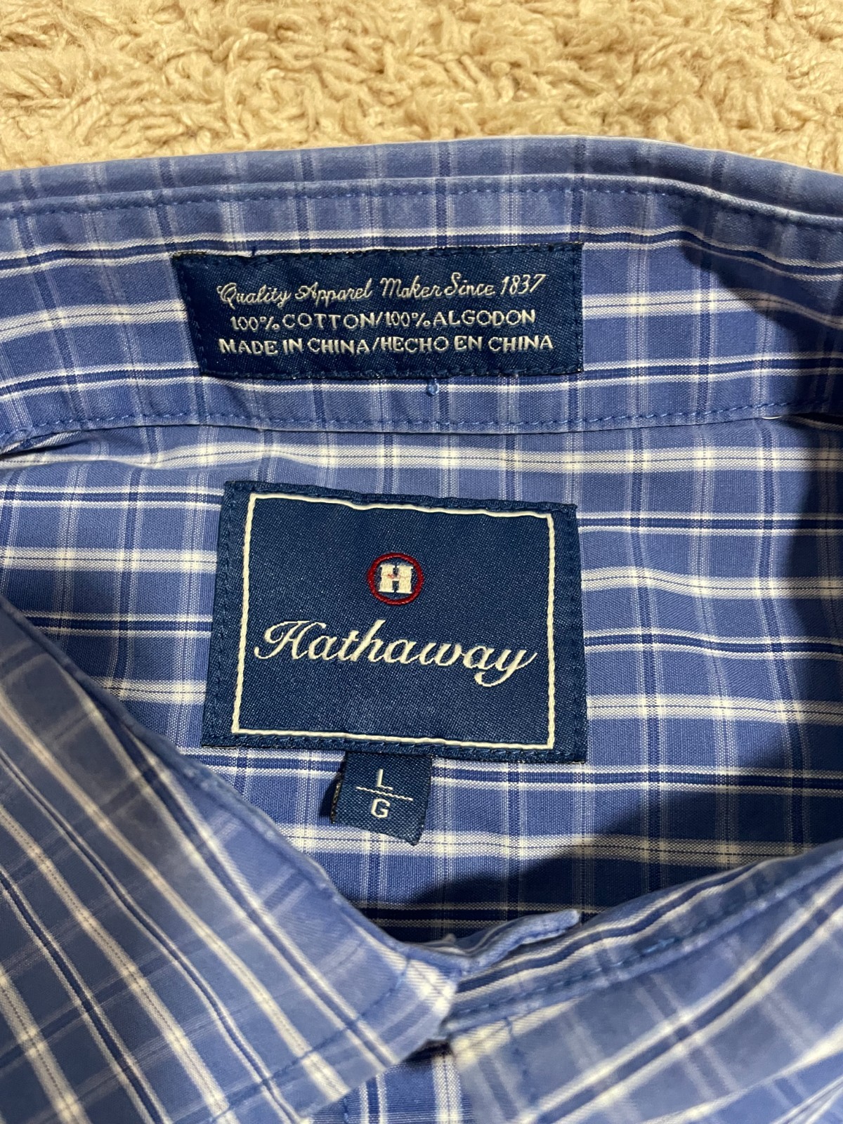 Hathaway Shirt Men’s L Short Sleeve Button Down Blue Plaid Pocket Cotton