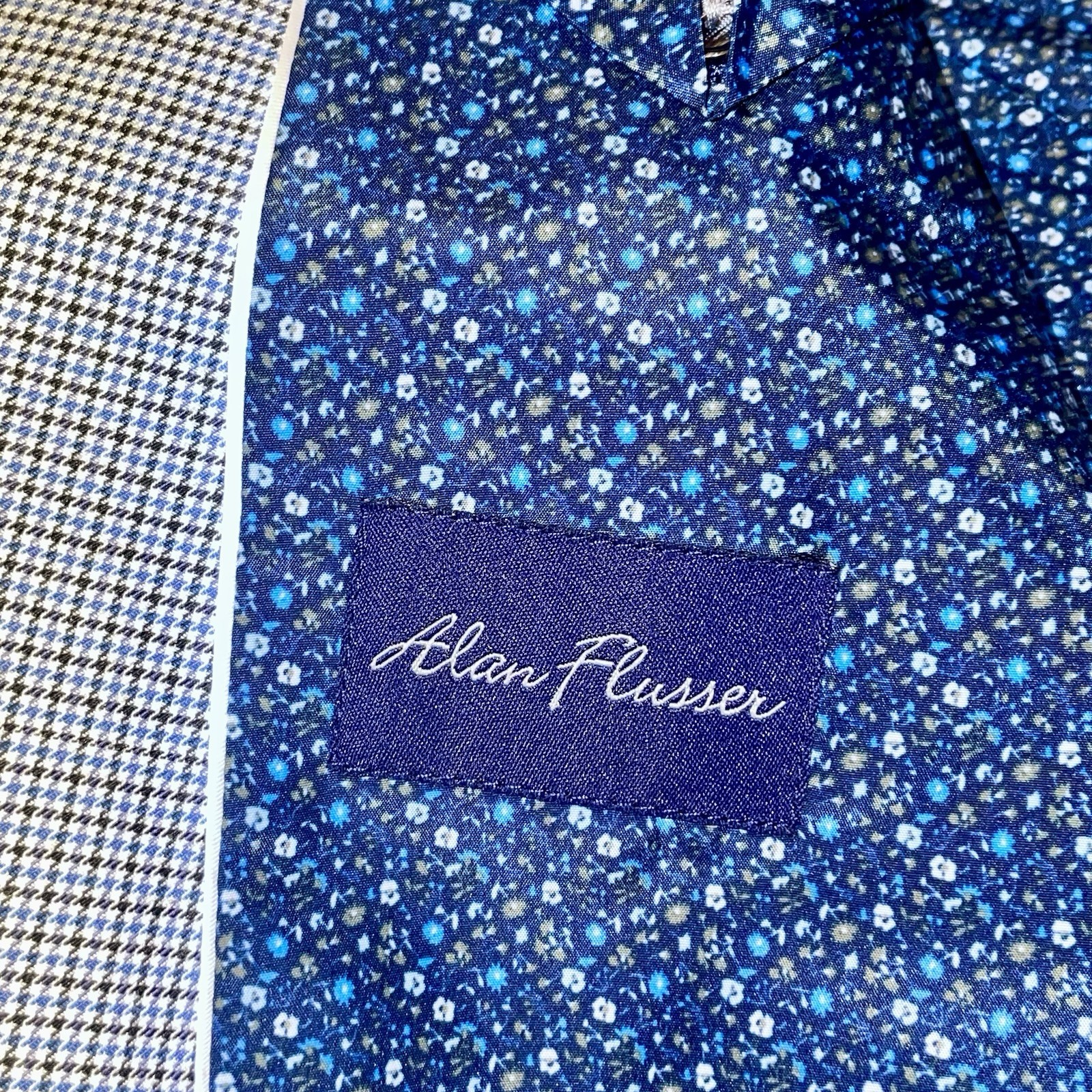Alan Flusser Blue Check Floral Liner PolyBlend Mens•48R SportsCoat Jacket Blazer