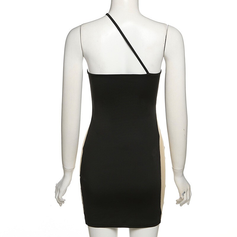 Sexy Women Sleeveless One-shoulder Mesh See-through Patchwork Bodycon Mini Dress