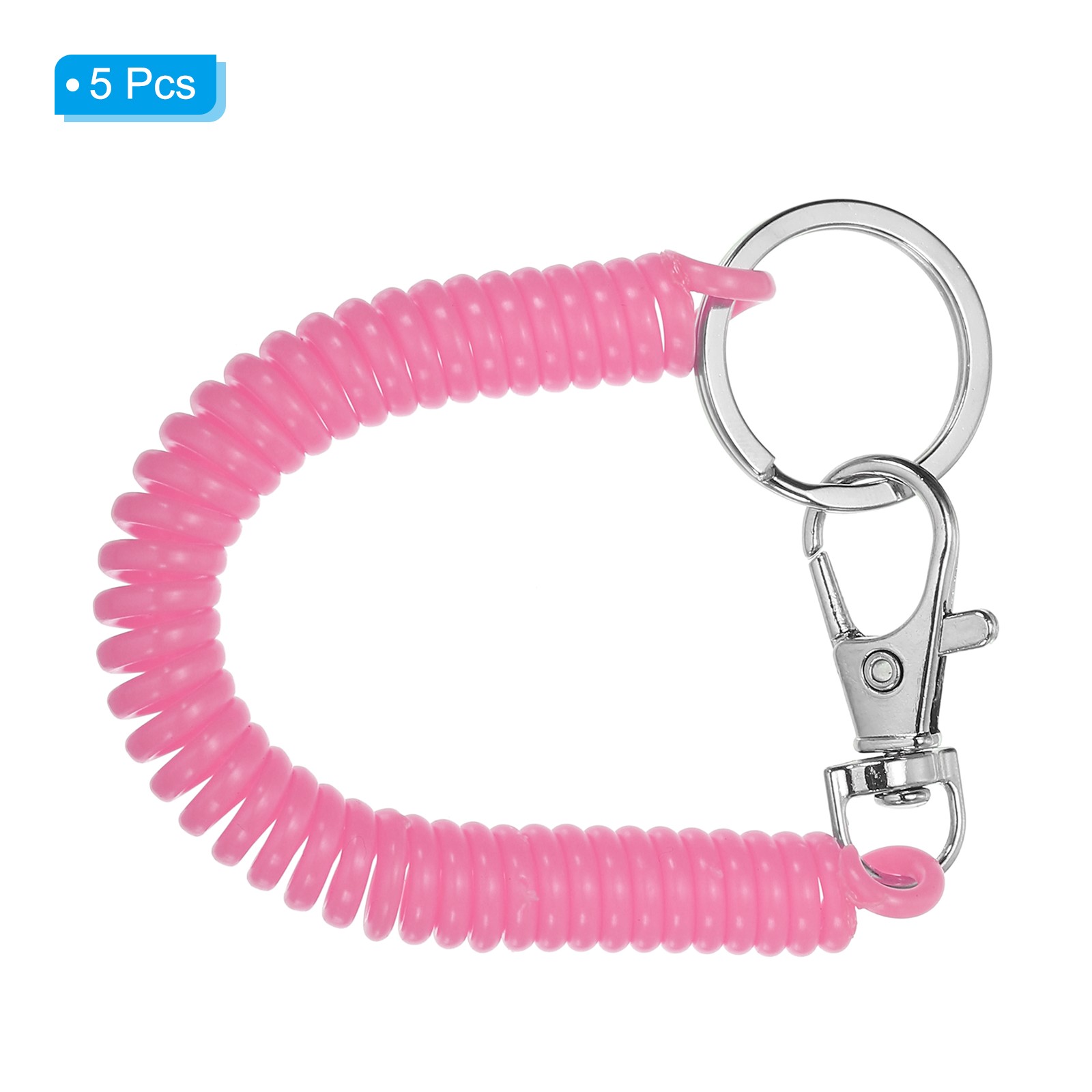 5pcs Retractable Coil Spring Keychain with Lobster Clasp Keyring 17cm Pink