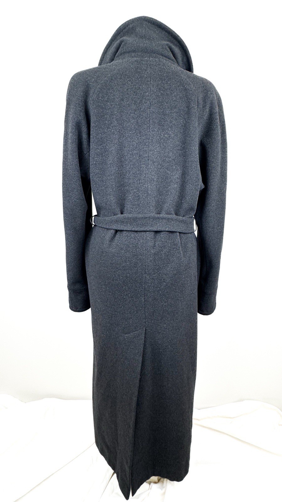 Vintage 90s BHS Virgin Wool Angora Maxi Coat Charcoal Grey Belted Overcoat UK14