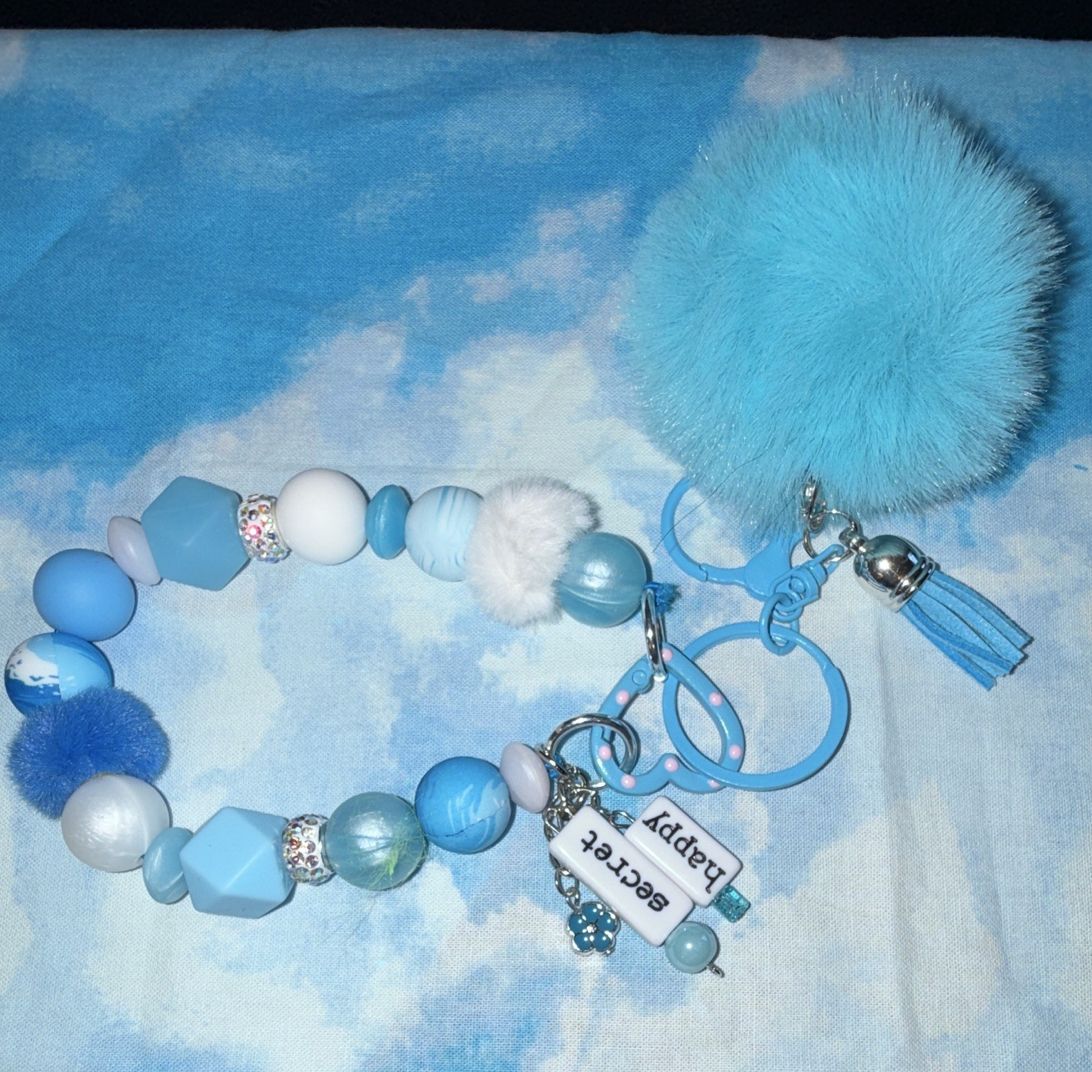 Blue Faux Fur Pom Pom Beaded Key Chain/Bag Charm w/Tassel & Detachable Clip