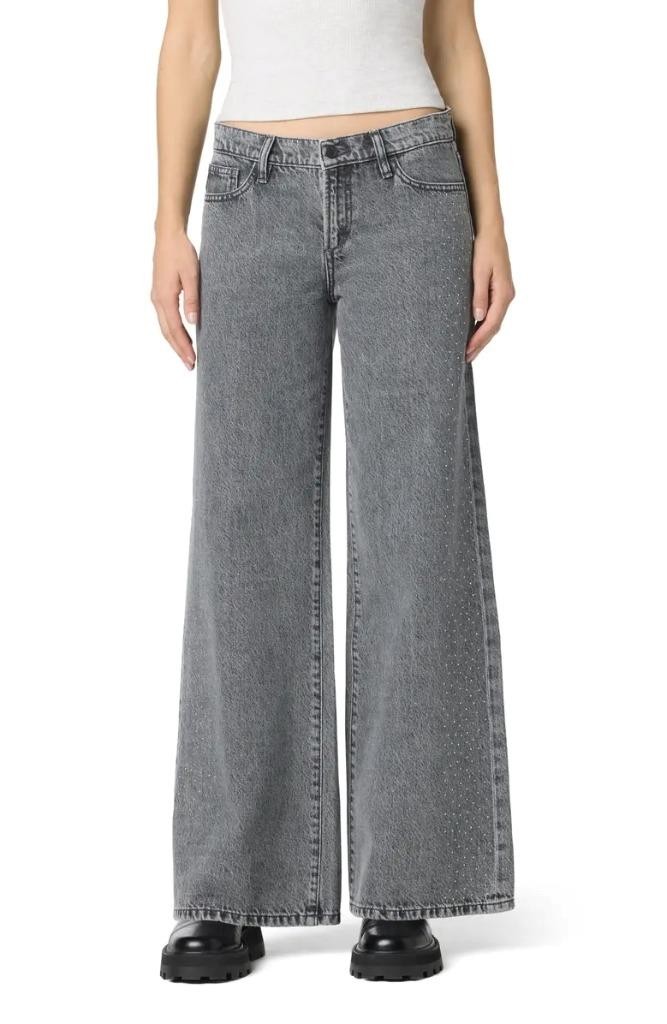 $248 – JOE’S Crystal Embellished Low Rise Wide Leg Jeans in Cyrstal Grey Size 25