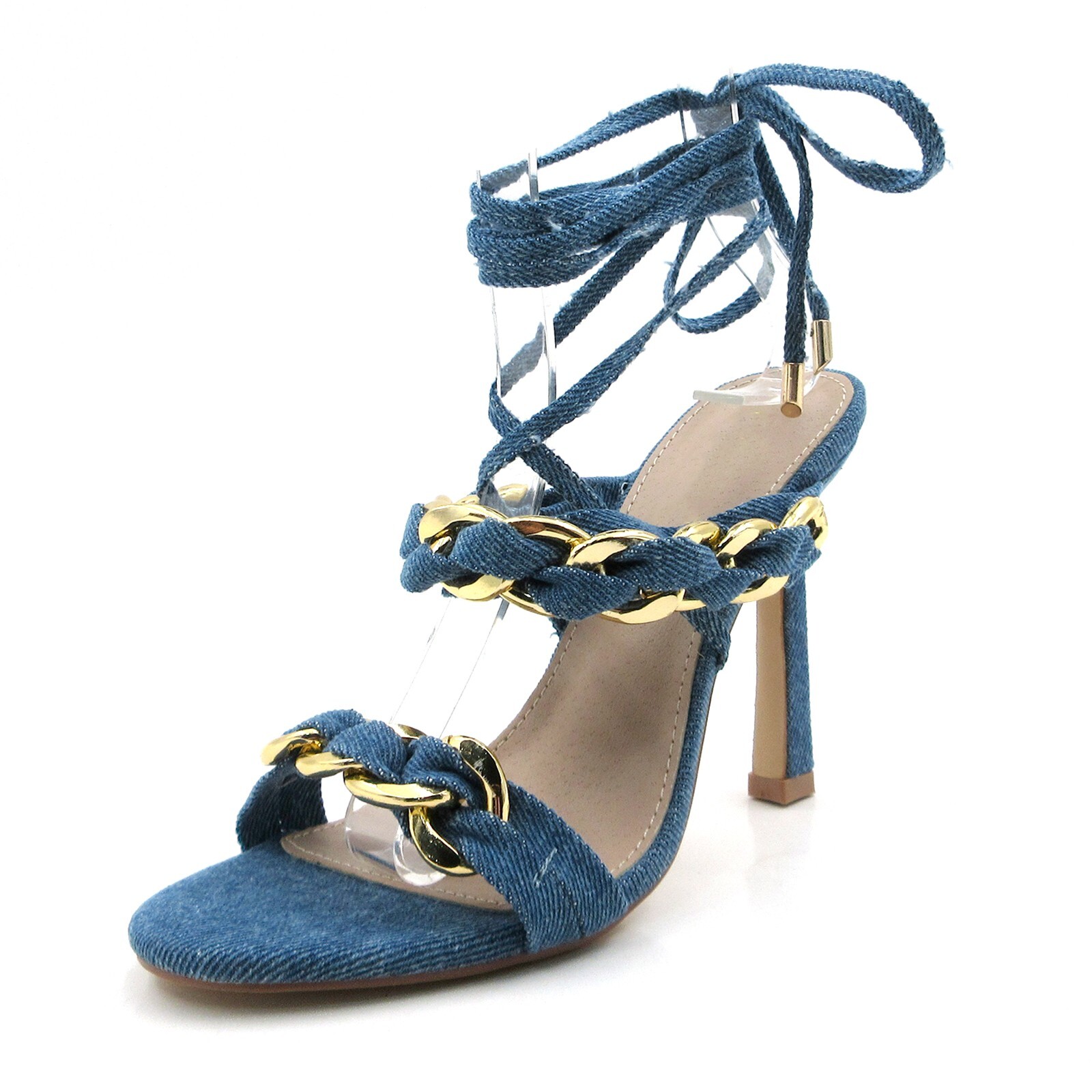 Glaze Women’s Denim Lace-Up Sandals with Gold Chain Details 4 Inch High Heels