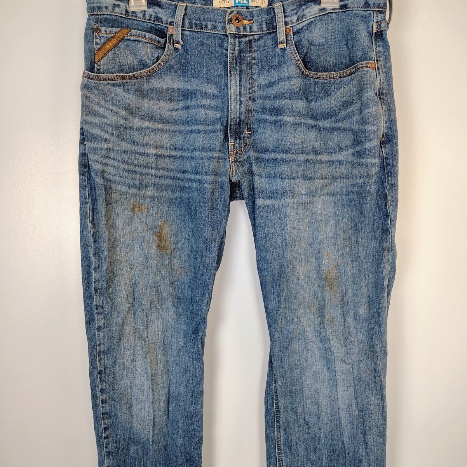 Ariat M2 Legacy Mens Relaxed Boot Cut Jeans 36×36 Blue Denim Stained Workwear