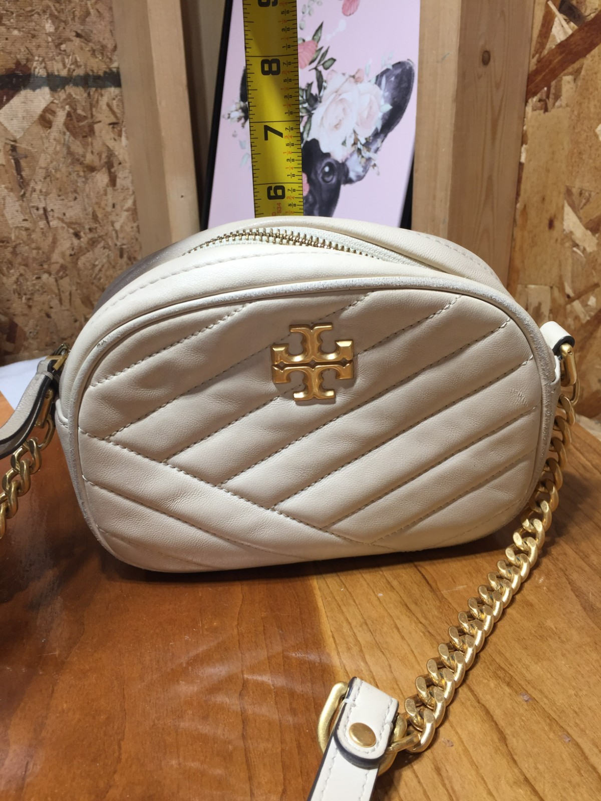Tory Burch Kira Chevron Small Camera Bag Cream Leather Gold-Tone Hardware Logo
