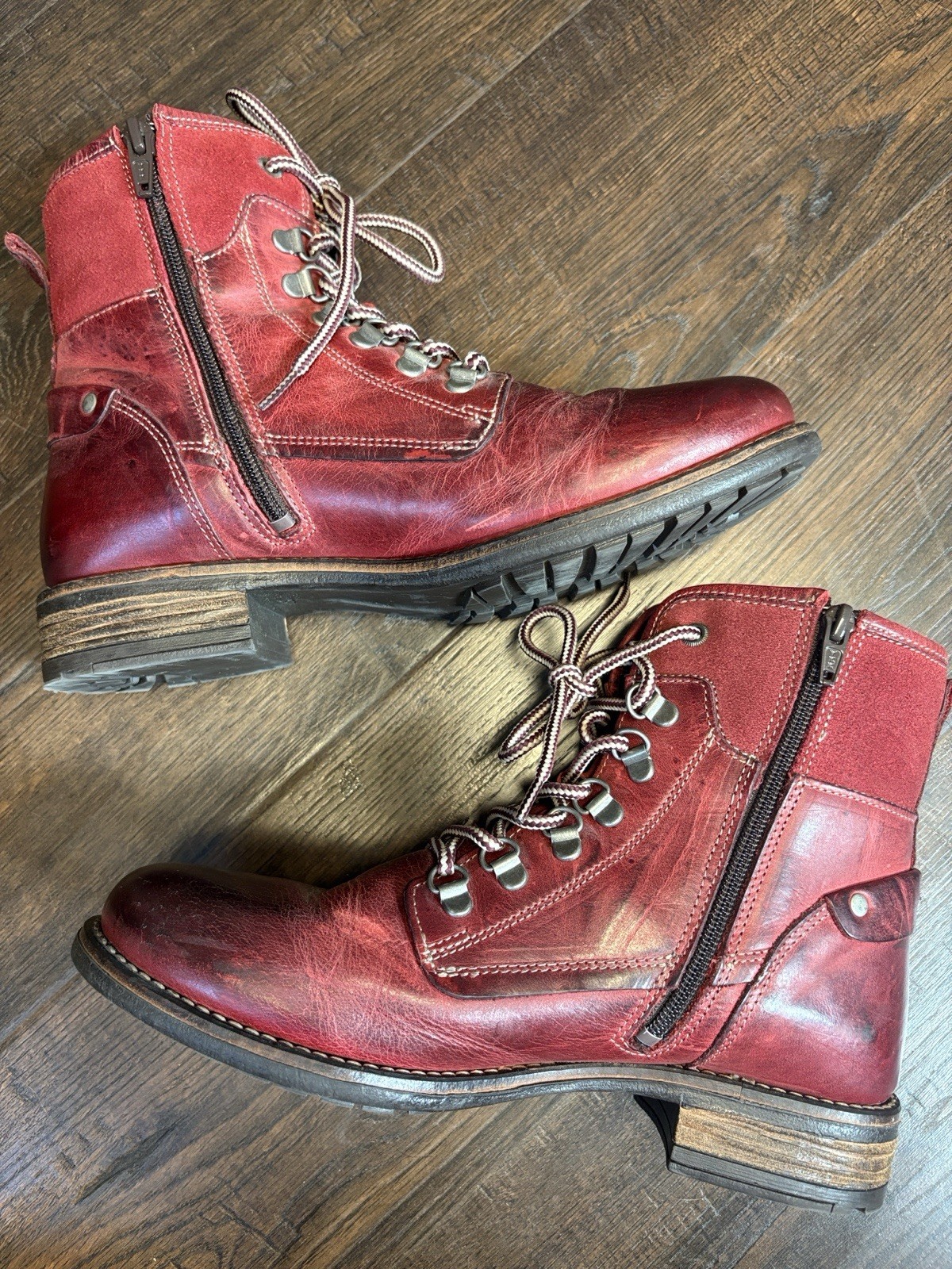 Taos Ringer Womens Red/Burgundy Leather LaceUp Side Zip Ankle Combat Boots 8/8.5