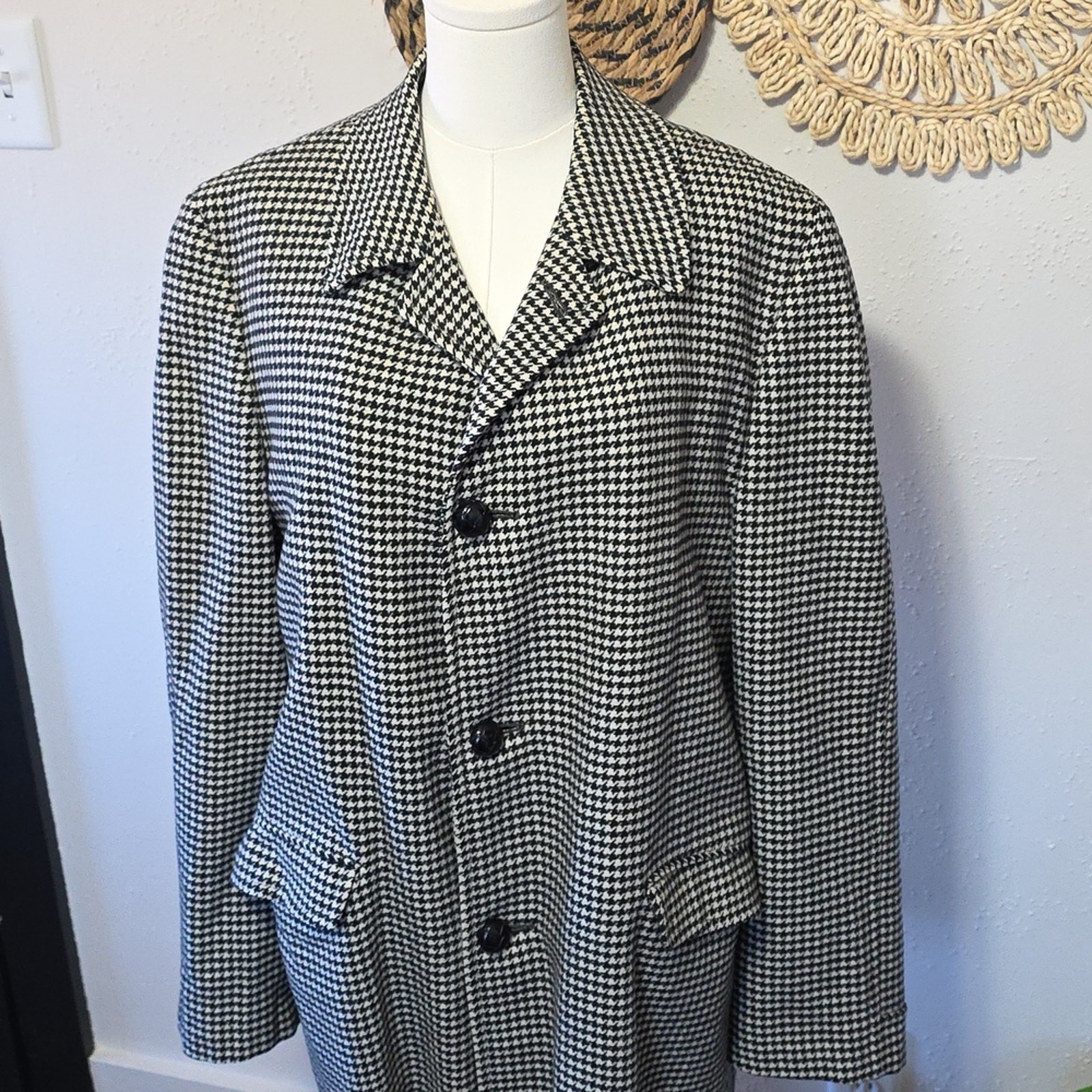 Vtg Penney’s Gentry Black & White Houndstooth Wool Maxi Coat Men’s XL Unisex