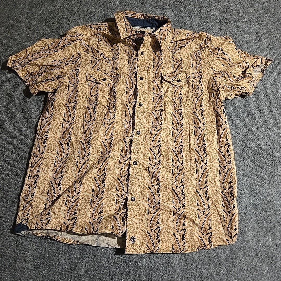 Moon Shine Spirit Shirt Men Large Gold Paisley Saw Tooth Pearl Snap Western