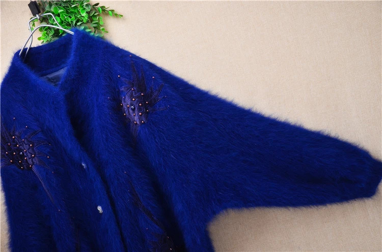 Women’s Angora Rabbit Hair Beaded Batwing Sleeves Loose Cardigans Sweater Coat