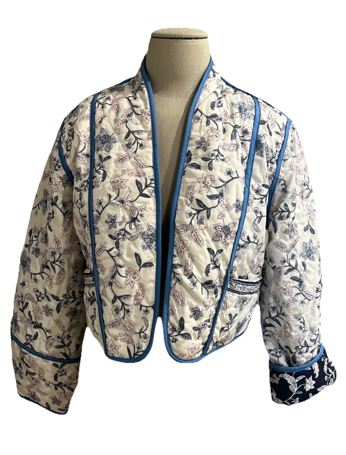 Reversible Quilted Jacket Cropped Sz MED* Navy Blue Floral Ivory/Pink