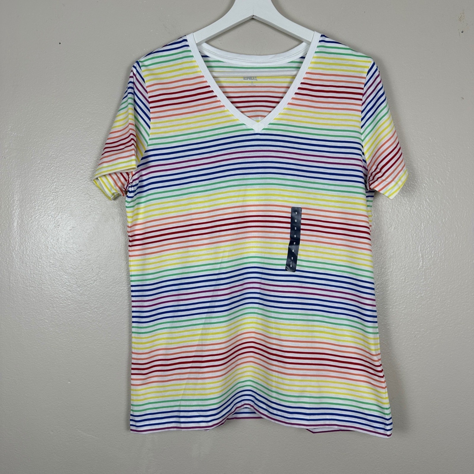 Lands’ End Women’s S Rainbow Striped V-Neck Cotton T-Shirt Multicolor 411453